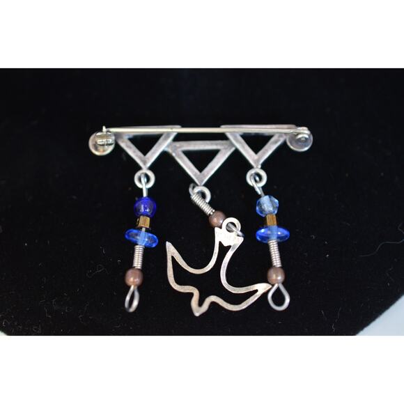 Vintage 925 Sterling Blue Glass Dove Dangle Brooch - Picture 1 of 3